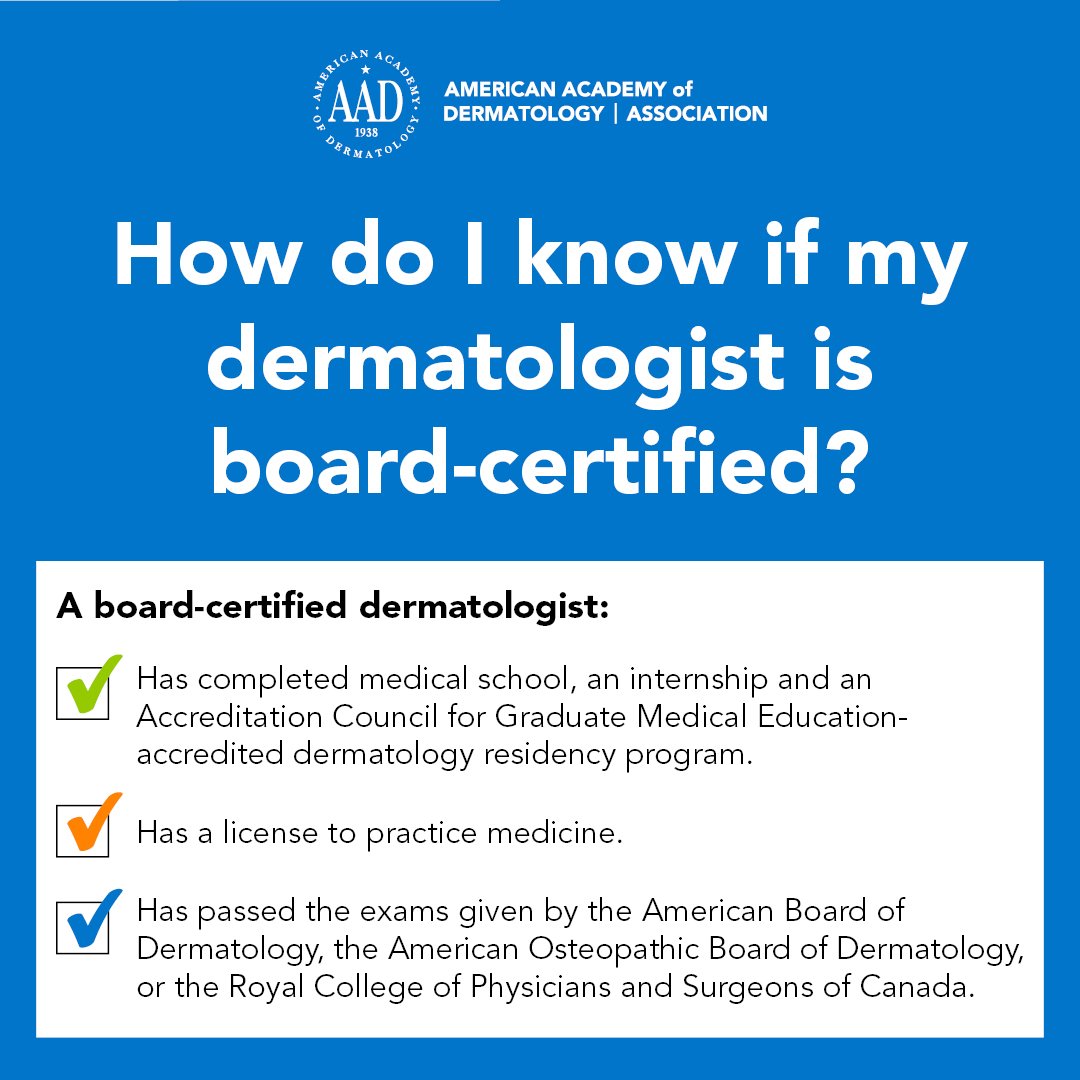 AADskin's tweet image. A #boardcertifieddermatologist is the expert on all things hair, skin and nails. Seeing one ensures that you are getting high quality care. Find one near you at aad.org/findaderm
