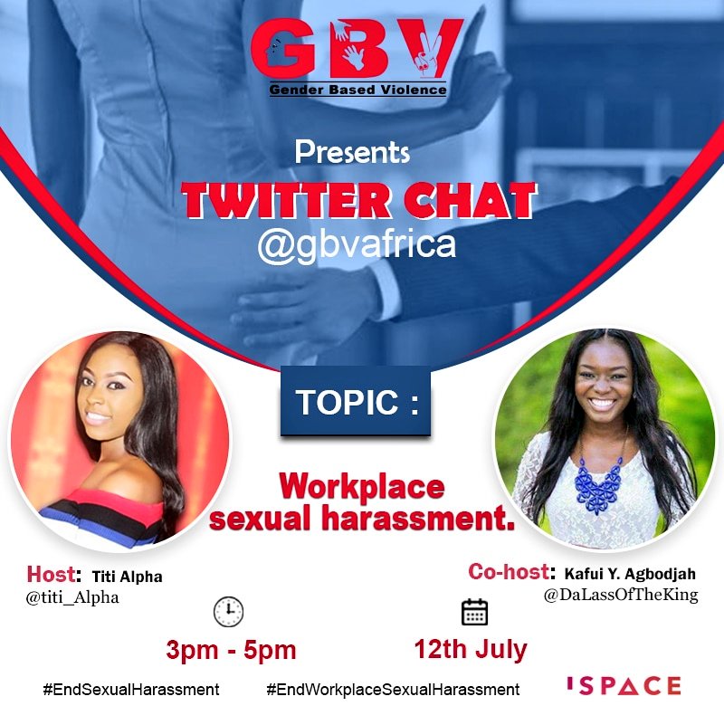 gbvafrica's tweet photo. Our twitter chat on "#sexualharassment at the workplace" is an hour away! 

Are you ready?! 

Join @titi_alpha &amp; @DaLassOfTheKing between 3-5pm as we discuss this right here on twitter with the hashtag #EndSexualHarassment #EndWorkplaceSexualHarassment 

#TwitterChat #GBVProject https://t.co/af7Yav6jrZ