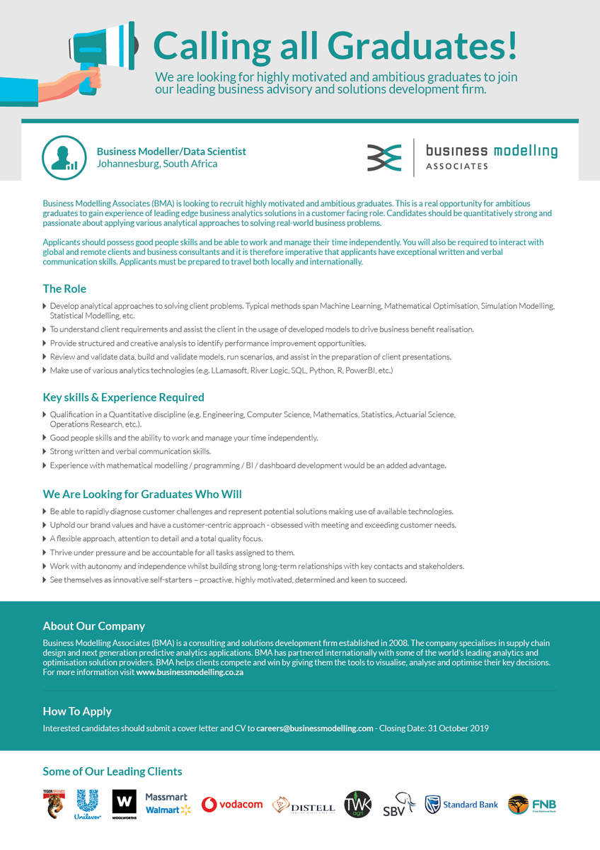bma_analytics's tweet photo. Calling all @WitsUniversity 2019 graduates! Interested in a #BusinessAnalytics career? Would you like to work as a Data Scientist or Business Analyst? @bma_analytics is now recruiting. Send your CV &amp; cover letter to careers@businessmodelling.com @Wits_GRP https://t.co/KqUkpfSSvX https://t.co/PTxwxUOaQs