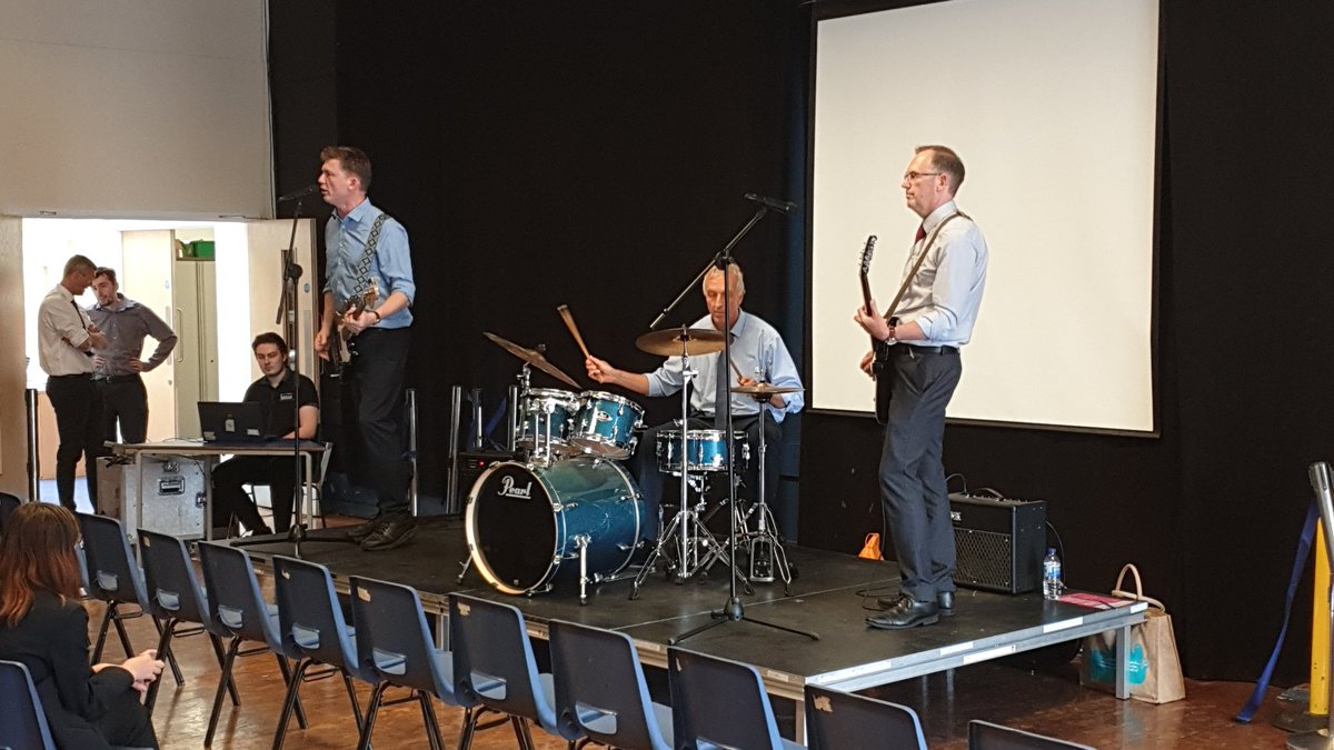 MathsLca's tweet photo. Mr Smith and the Wild Old Men entertaining students at @LincolnCastleAc Do Your Thing staff edition! #Substitue #JohnnyBGoode #SomeoneYouLoved https://t.co/uJrFDESCAn