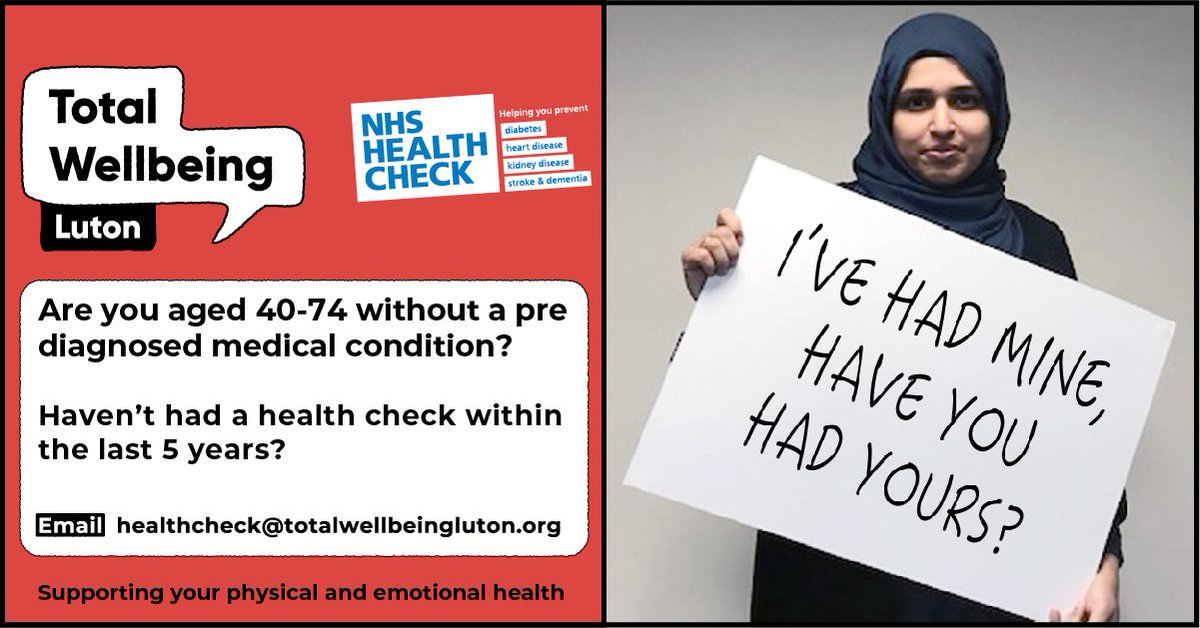 LutonTotal's tweet photo. I’ve had mine, have you had yours? @RehanaFaisalH  Email to check your eligibility &amp; to book your appointment. It only takes 30mins &amp; could save your life! #nhshealthcheck #luton https://t.co/A7HJWsqmCw