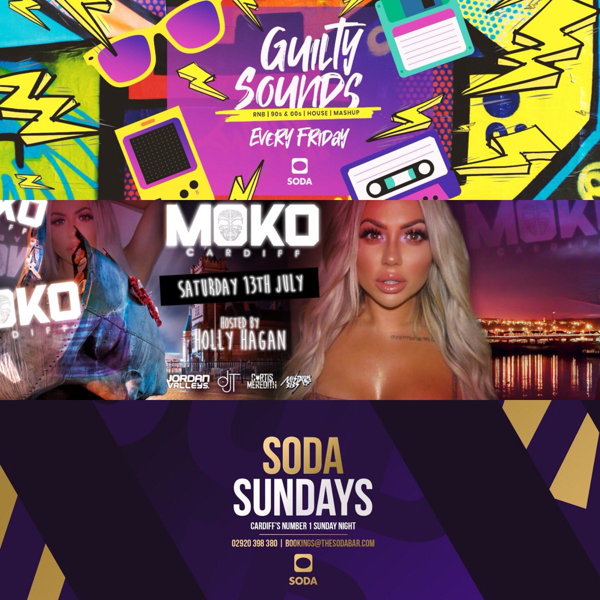 Join us across our three events this weekend! 

📍Guilty Sounds 
📍MOKO hosted by <a href="/HollyGShore/">H O L L Y H A G A N 💙</a> 
📍Soda Sunday’s

Limited guest list available for this weekend. Contact our bookings team:

☎️:07891990336
✉️:bookings@thesodabar.com