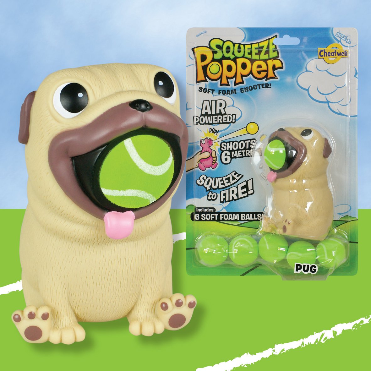 Cheatwell's tweet photo. Who's watching #Wimbledon this weekend? Well, our NEW cutie-pie Pug #squeezepopper certainly has its eyes on the balls. Pop a soft ball into its mouth, squeeze its tum, & see the ball shoot up to 6 metres! Game, Set & Match! 🐶💚 #kids #toy #homeandgift2019 https://t.co/vvBJ36wQti