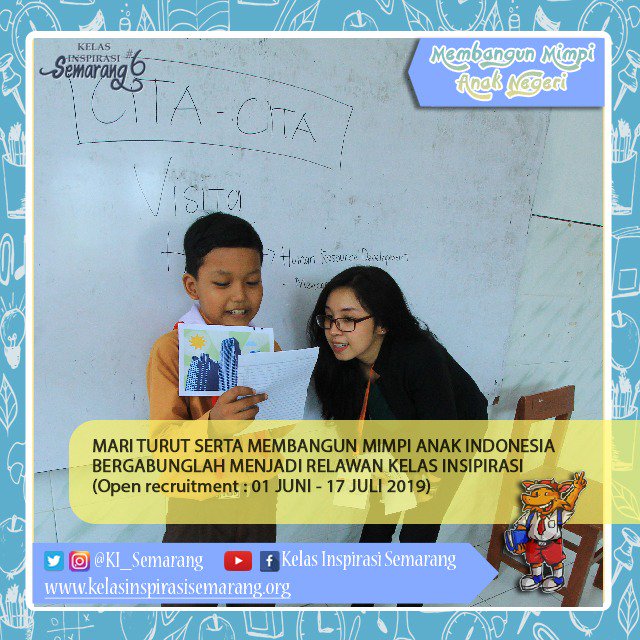 KI_Semarang's tweet photo. "Melihat anak-anak tersenyum lebar dan tertawa lepas membuat hati bahagia serta menjadi kepuasan tersendiri bisa turut ambil bagian untuk menginspirasi mereka."

Mari bergabung bersama Kelas Inspirasi Semarang dengan segera mendaftar jadi relawan melalui https://t.co/bn514diJGh https://t.co/ke1XCWYfTx