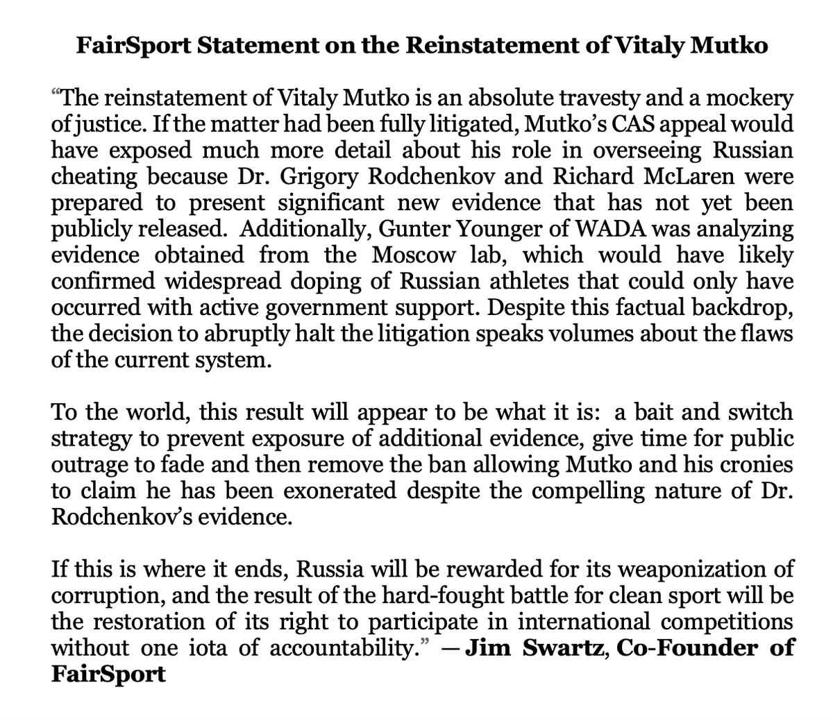 FairSportOrg's tweet photo. FairSport Statement on the Reinstatement of Vitaly Mutko, by @FairSportOrg Co-Founder Jim Swartz: "The reinstatement of Vitaly Mutko is an absolute travesty and a mockery of justice". #Fairness #FairPlay #IntegrityOfSport @Olympics @iocmedia https://t.co/jHYIybHzkL