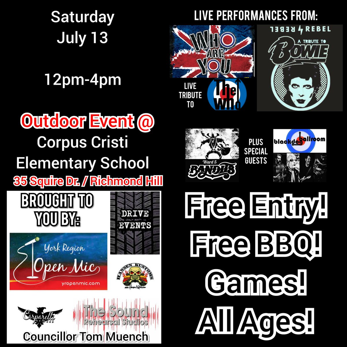 Saturday
Noon-4pm
Outdoors @
Corpus Christi E.S.
#RichmondHill

Free bbq!

Free entertainment featuring <a href="/ward5bandits/">Ward 5 Bandits</a> @Mattgroopie <a href="/BlakdogBallroom/">Blackdog Ballroom</a> + tributes to #TheWho &amp; #DavidBowie

All ages!

#livemusic #Ontario #Canada #freeevent #allages #music #RT <a href="/Councillor_Tom/">Tom Muench</a>