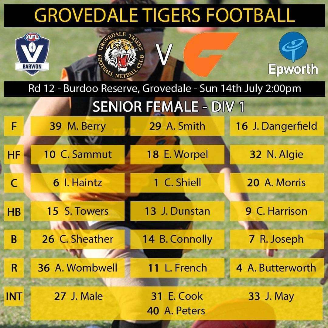 On Sunday, <a href="/GrovedaleTigers/">Grovedale Tigers</a> take on <a href="/GeelongWGiants/">GeelongWestGiants</a> in Rd 12 of the <a href="/AFLBarwon/">AFL Barwon</a> Senior Female Div 1 Epworth Cup competition at Burdoo Reserve, Grovedale from 2.00pm.
