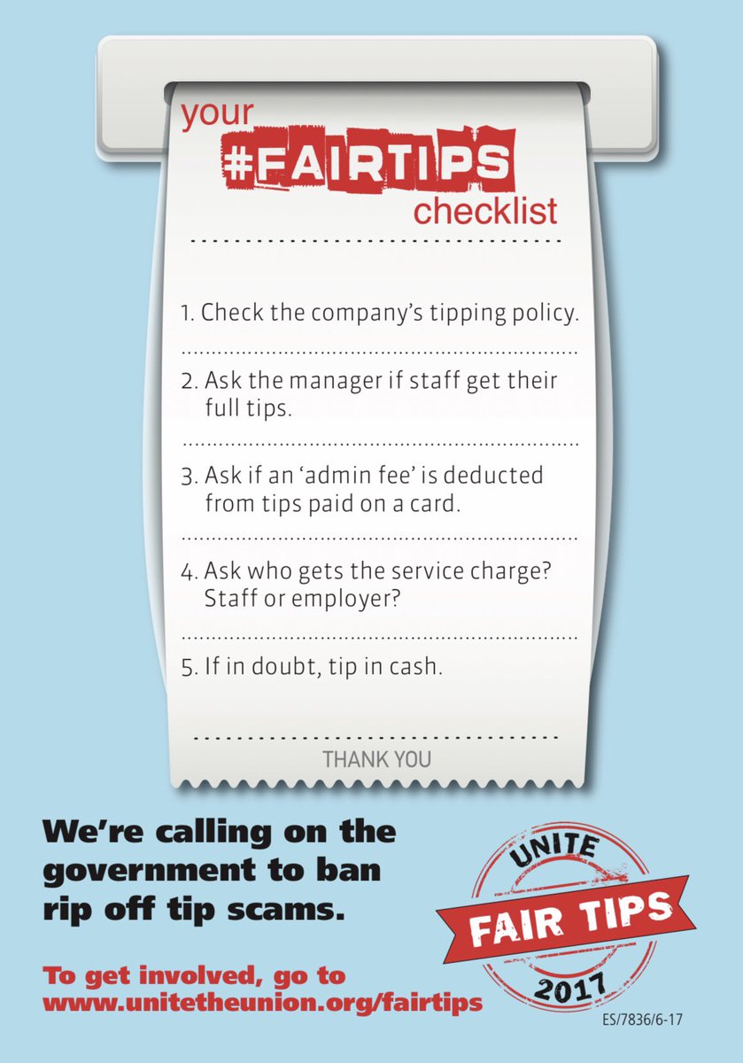ShellyAsquith's tweet photo. Here’s that #FairTips guide Claire from the TGI Friday strike mentioned! If you’re going out for dinner, make sure you know where the “service charge” or card payment tip is going.
If in doubt, tip in cash! 💷 #UPS19 https://t.co/pzcDbNCbCk