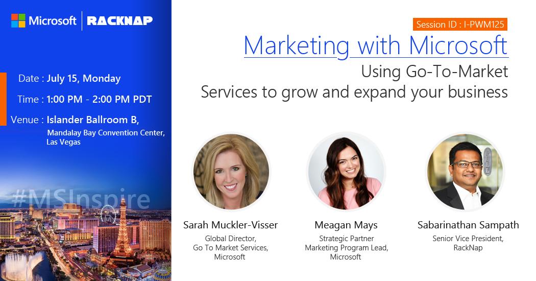 RackNap's tweet photo. RackNap SVP @SabariSampath will be a panelist at #MSInspire, along with @SrhMuckler and Meagan Mays.
Hear them talk about how to use #MicrosoftGTM Services to build credibility and expand the reach of your business.
#MSPartner #MicrosoftInspire #LasVegas #Mandalaybay https://t.co/aeYf1ZA6Ms