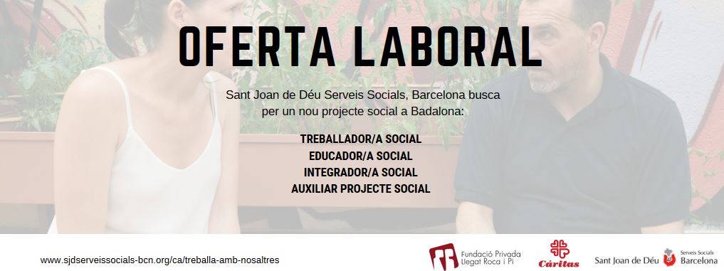 SJD_SS_Bcn's tweet photo. Vols participar d'un nou projecte social a #Badalona?

Busquem treballador/a social, educador/a social, integrador/a social i auxiliar projecte social

#ofertalaboral #ofertadefeina
#treballsocial #educaciósocial #integraciósocial

Consulta les ofertes a https://t.co/XYIatA9sjO https://t.co/oWpkzNz7m3