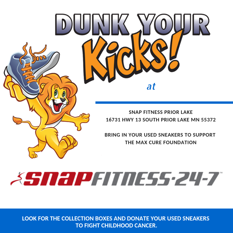 DunkYourKicks's tweet photo. Snap Fitness Prior Lake now has a #DunkYourKicks collection box set up! Get your fit on and get rid of those old sneakers in the process! #dunkyourkicks #sneakers #sneakerdonations #childhoodcancer #fundraising #recycle #makingadifference #roarforacure https://t.co/qd4xuUF6wF https://t.co/HQvLCEfuO0