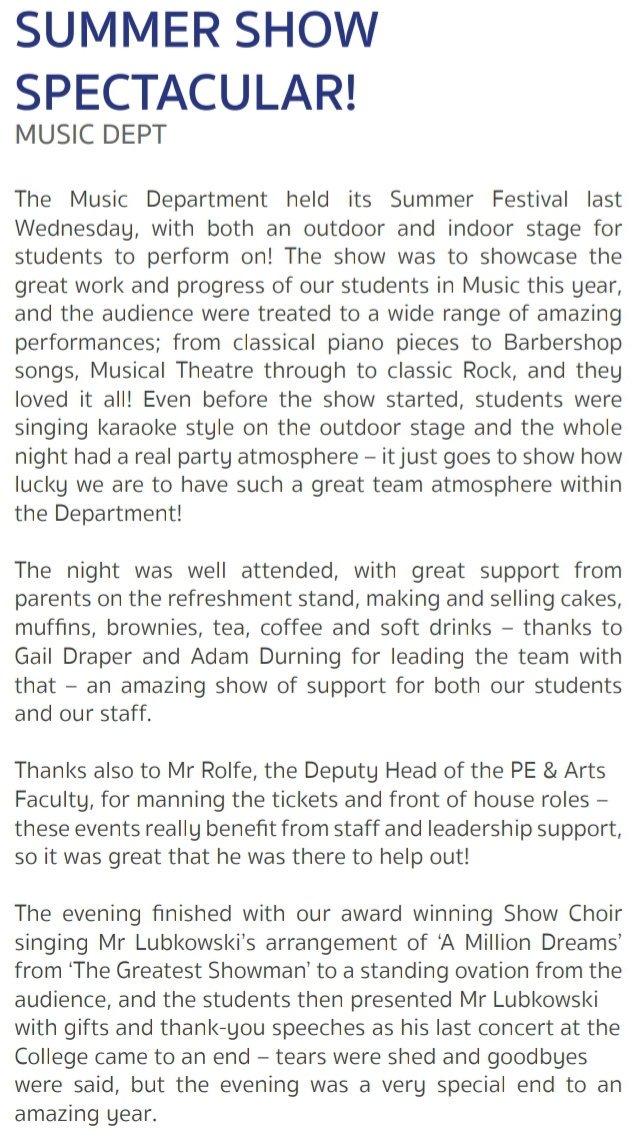Our Summer Show write up in the school newsletter...