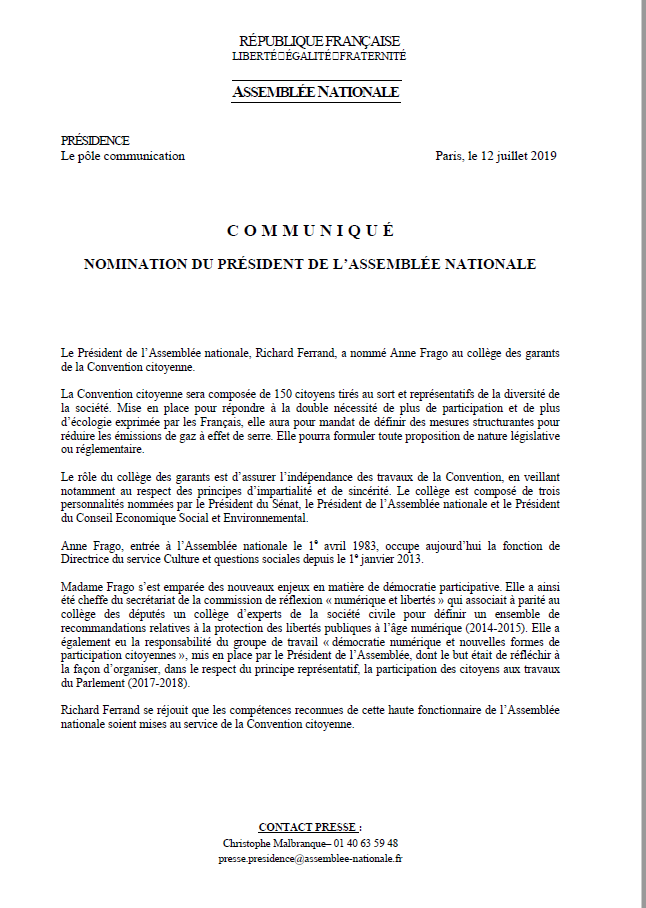 Encore un bidule idiocrate dont on se serait bien passé. Une "Convention citoyenne" composée de 150 gus chargés pas moins "de définir des mesures structurantes pour réduire les émissions de gaz à effet de serre". A quand la réduction des effets de ce type d'usine à gaz ?