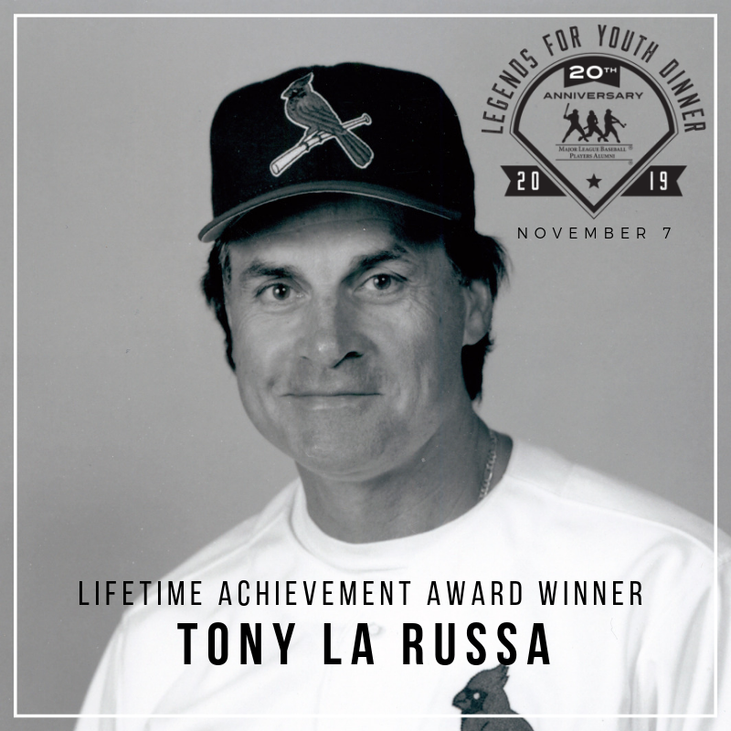 MLBPAA's tweet photo. Announcing Hall of Fame manager @TonyLaRussa as the 2019 Lifetime Achievement Award honoree! We are proud to bestow La Russa with this honor at our 20th annual #LFYDinner on November 7, 2019 in New York City. https://t.co/mXsWqWozqS https://t.co/ChAggrySOE