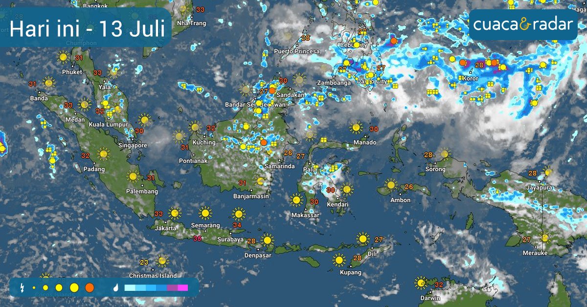 cuacadanradar's tweet photo. #PrakiraanCuaca #Indonesia: Diperkirakan #hujan disertai #petir dominan di bbrp tmpt di #Kalimantan &amp; #Sulawesi. Sdg hujan diprediksi mengguyur bbrp tmpt di #Papua. #MalukuUtara, #Maluku, #NTT, #NTB, #Bali, #Jawa &amp; #Sumatra diprediksi #cerah &amp; #berawan. #Suhu maks. bs capai 35°C! https://t.co/rTbl90P2ts