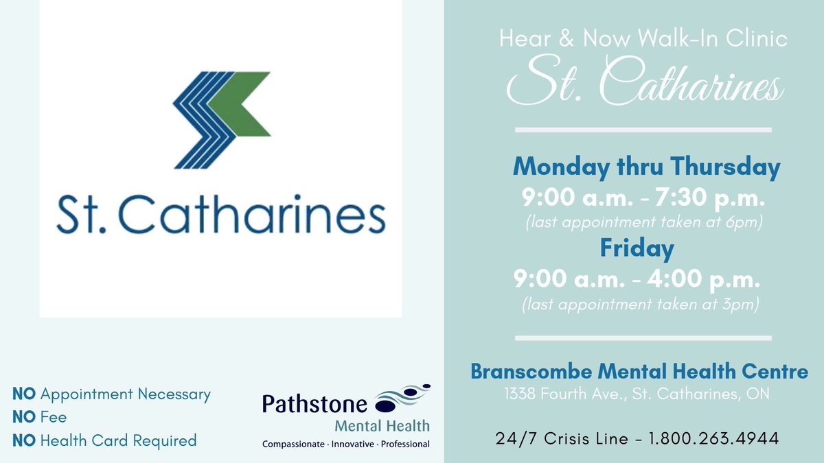 pathstonemh's tweet photo. Our Hear &amp; Now Walk-In Clinic is open TODAY at @PathstoneMH in St. Catharines from 9am to 4pm. No appointment necessary. If you are in crisis, a Pathstone Crisis Worker is ready to take your call 24/7 at 1-800-263-4944. You are not alone #pathstoneniagara #treatmentworks https://t.co/Jvq5vYoGD0