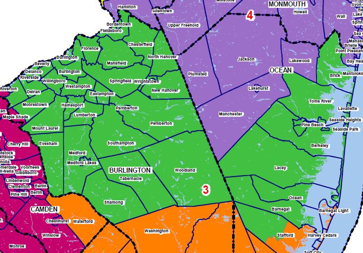 New Jersey's 3rd Congressional District is an odd one. It combines the suburbs of Philadelphia with the Jersey shore. There are various ways to improve it after redistricting, one of which would be to keep it based in Burlington County, but add parts of Mercer and Camden County.