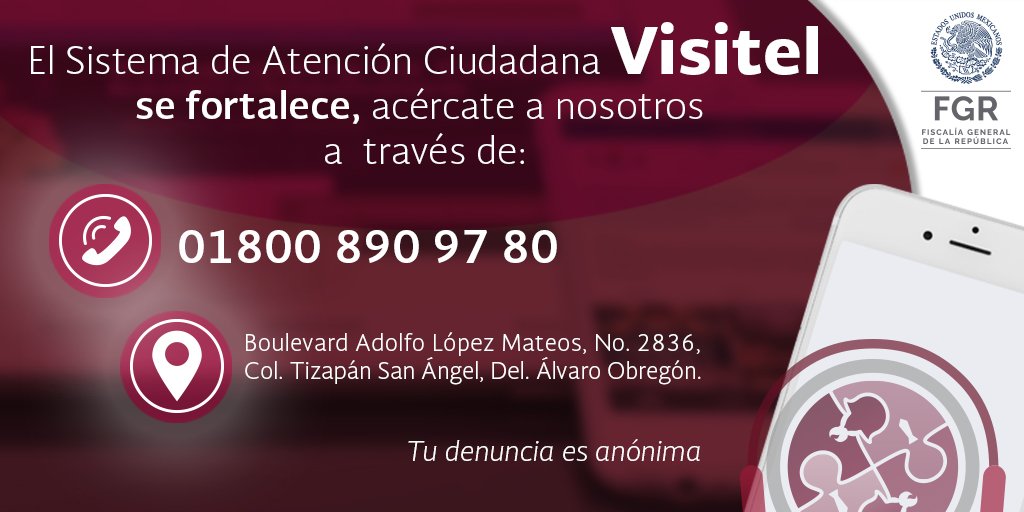 Te compartimos los datos de contacto de #VISITEL. Atención las 24 horas, los 365 días del año.
☎️01 800 8 90 97 80
📧 visitel@pgr.gob.mx
🏢 Blvd. Adolfo López Mateos #2836, Edificio 101, Col. Tizapán San Ángel #CDMX