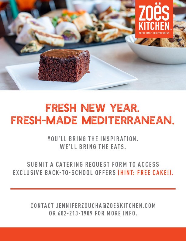 ZouchaJennifer's tweet photo. Back to school!!  Let Zoes Kitchen cater your next school function.  With every $250 purchase receive a Free Ya-Ya's Homemade Cake.  Contact your local Zoes or me at jenniferzoucha@zoeskitchen.com @NISD @KellerISD @byronband https://t.co/LN0eqjdqGj