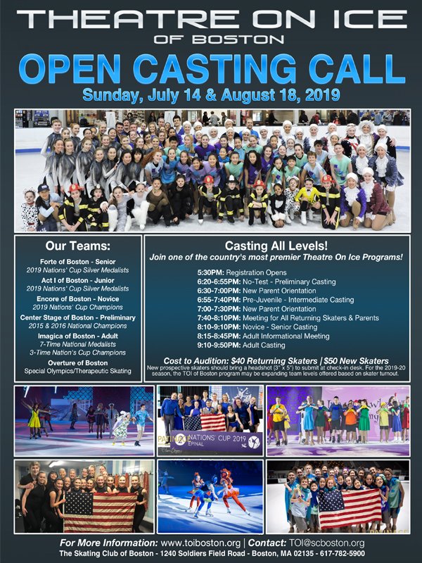 SkatingClubBOS's tweet photo. Are you interested in joining one of the country's premier Theatre On Ice programs? Theatre On Ice of Boston is holding Open Casting Calls at the Club this Sunday, July 14th! Any skater can come and audition to skate on a team! https://t.co/YwODIKhs1b