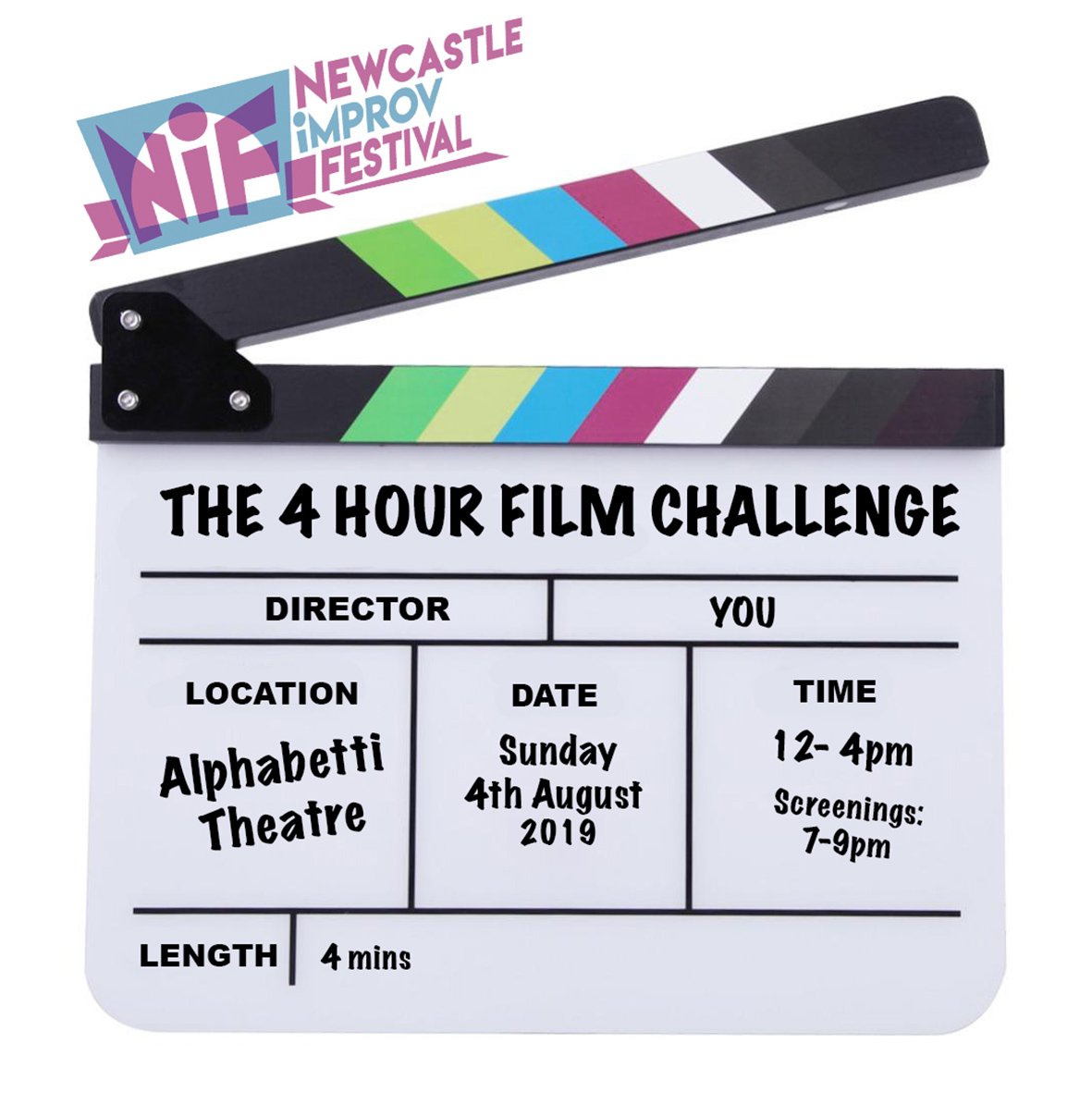 NiFImprovFest's tweet photo. Could you make a film in just 4 hours? The 4 Hour Film Challenge starts @Alphabetti Sun 4 Aug at noon. 12 Teams. 24 Actors. We've 6 teams entered. You could be one of the other 6. Enter your Team today! https://t.co/tSSHv4lZ0m #NewImprovFest #digitalshootout https://t.co/MppZLGHN3C