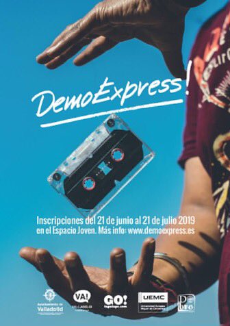 GoValladolid's tweet photo. #GoValladolid @ejovenva Abiertas las inscripciones para participar en la 10ª edición del concurso musical #DemoExpress.
Consulta las bases en la web del evento. El plazo finaliza el 21 de julio.
https://t.co/U1zQSthsnf
colaboradores:, @DobroProd y @UEMC https://t.co/HASN2jQVRC