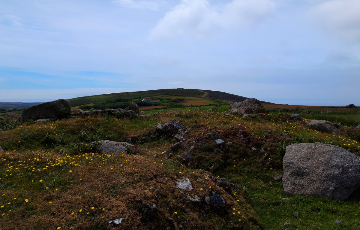 Tredinney Cairn, just below Chapel Carn Brea on Bartinney Downs. A kerbed cairn/barrow excavated by Borlase (the younger) in 1868 who discovered an urn filled with bones & flint. I've only recently learned about this one. Just out the back of my house. #PrehistoryOfPenwith