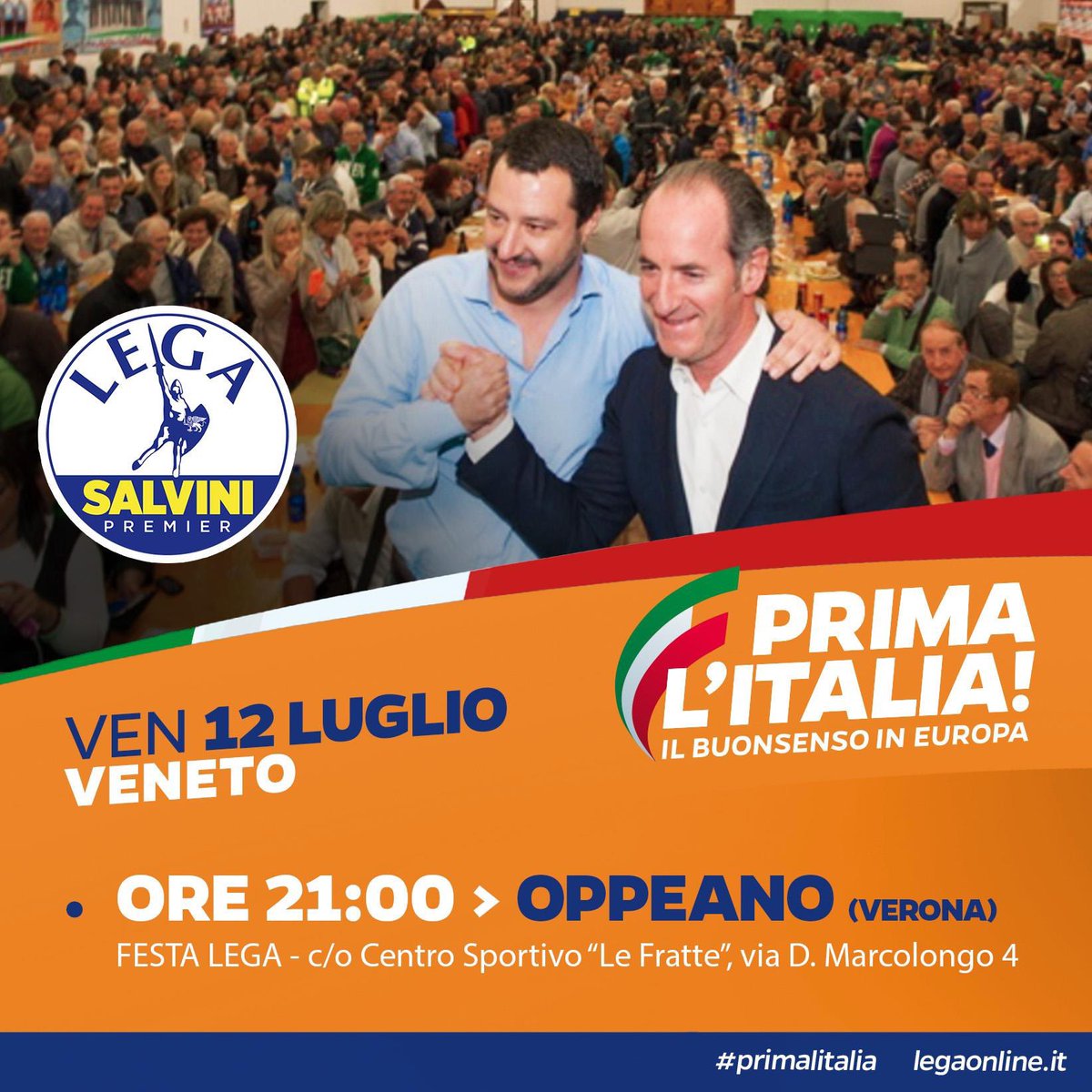 Amici, questa sera sarò alla festa della Lega di #Oppeano in provincia di Verona, verso le 21.
Chi di voi ci sarà? Passaparola!