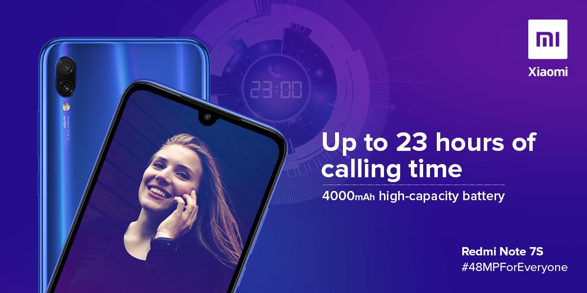 RedmiIndia's tweet image. A powerful battery to go with seamless performance. 4000mAh battery on the #RedmiNote7S can go on and on and on. #48MPForEveryone