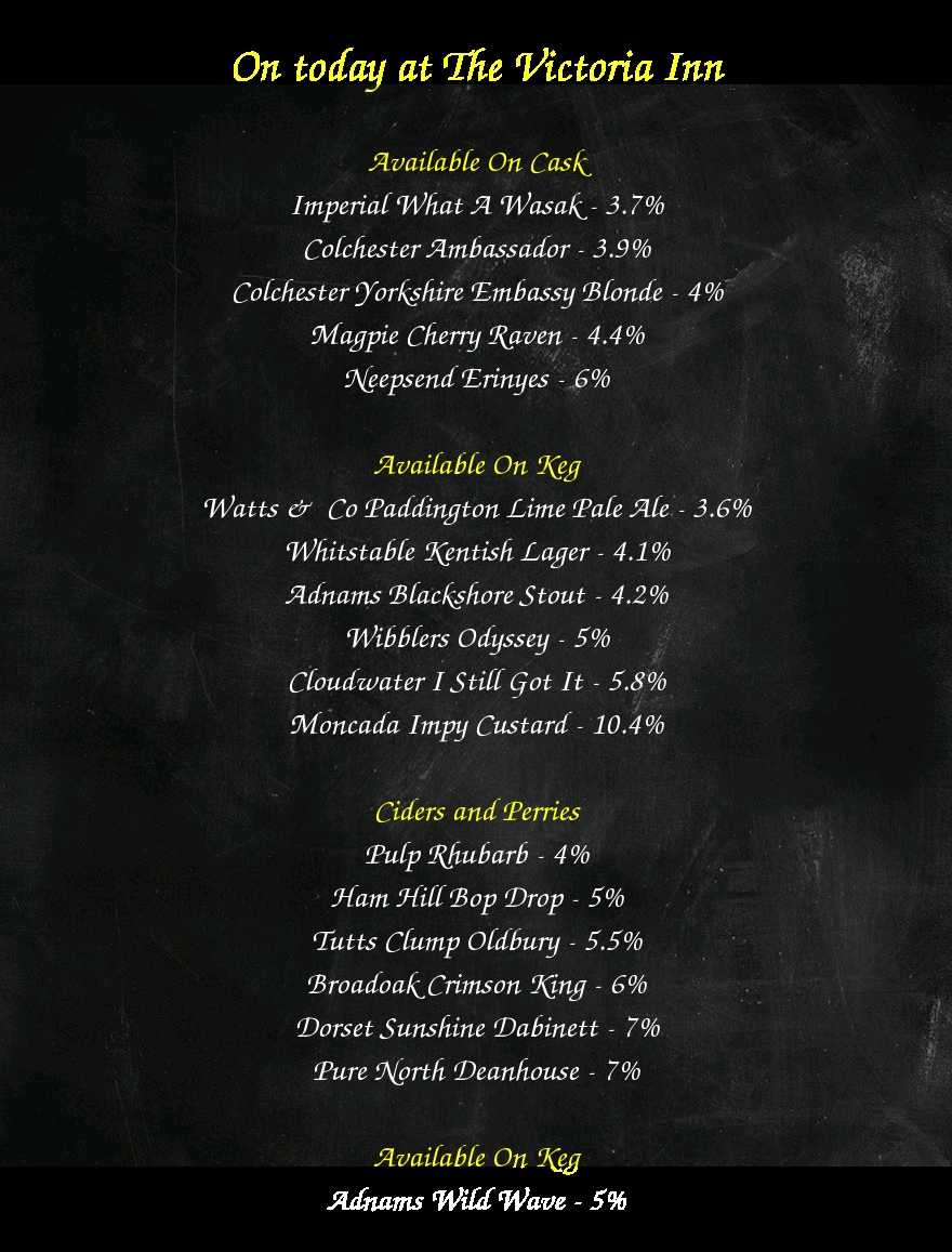 Victoria Inn (@victoriainncol) on Twitter photo On the bar today!
Beer Board: bit.ly/2xJcPG4
<a href="/ImperialBrewery/">Imperial Brewery</a> @colchbrew <a href="/MagpieBrewery/">Magpie Brewery Notts</a> <a href="/NeepsendBrewCo/">Neepsend Brew Co</a> <a href="/Adnams/">Adnams Southwold</a> <a href="/WibblersBrewery/">Wibblers Brewery</a> <a href="/cloudwaterbrew/">Cloudwater Brew Co</a> <a href="/MoncadaBrewery/">Moncada Brewery</a>
#RealAleFinder On the bar today!
Beer Board: bit.ly/2xJcPG4
<a href="/ImperialBrewery/">Imperial Brewery</a> @colchbrew <a href="/MagpieBrewery/">Magpie Brewery Notts</a> <a href="/NeepsendBrewCo/">Neepsend Brew Co</a> <a href="/Adnams/">Adnams Southwold</a> <a href="/WibblersBrewery/">Wibblers Brewery</a> <a href="/cloudwaterbrew/">Cloudwater Brew Co</a> <a href="/MoncadaBrewery/">Moncada Brewery</a>
#RealAleFinder