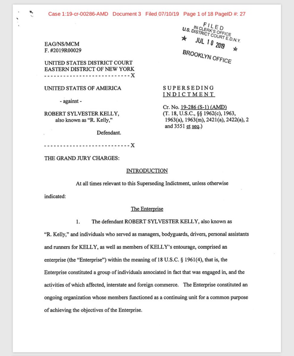 Both the Eastern NY and Northern IL indictments have been unsealed. R Kelly’s arraignment and plea hearing set for 1p on 7/16.