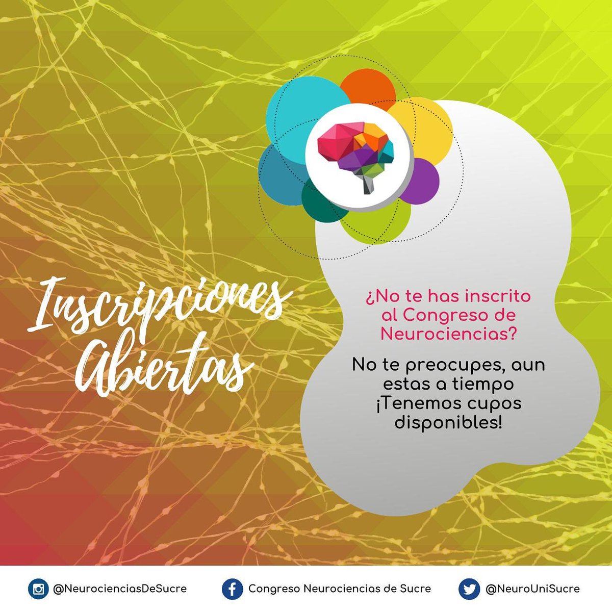 neurounisucre's tweet photo. Cada vez falta menos para el Congreso Anual de Neurociencias de Sucre 🧠💚 ¿Y tú? ¿Ya te inscribiste? 
Si no lo has hecho, tranquilo, ¡Aún estás a tiempo! https://t.co/lSsSFmyi2W