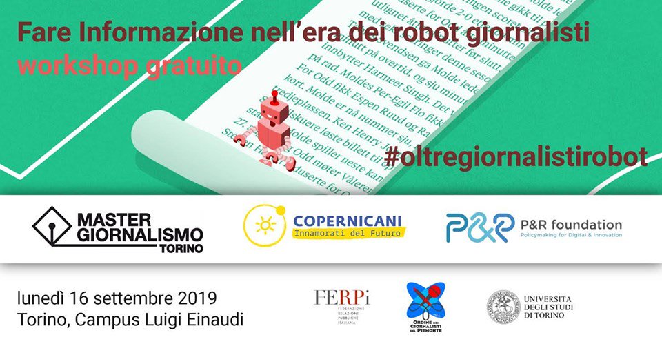 Ferpi_RP's tweet photo. #AI, #blockchain, #InternetOfThings : giornalisti e comunicatori sono pronti a un umanesimo digitale? Da non perdere il workshop "Fare informazione nell’era dei robot giornalisti" il 16 settembre a Torino  👉40 posti riservati ai soci #Ferpi  https://t.co/ttahyER8uP https://t.co/sl03oHv3XS