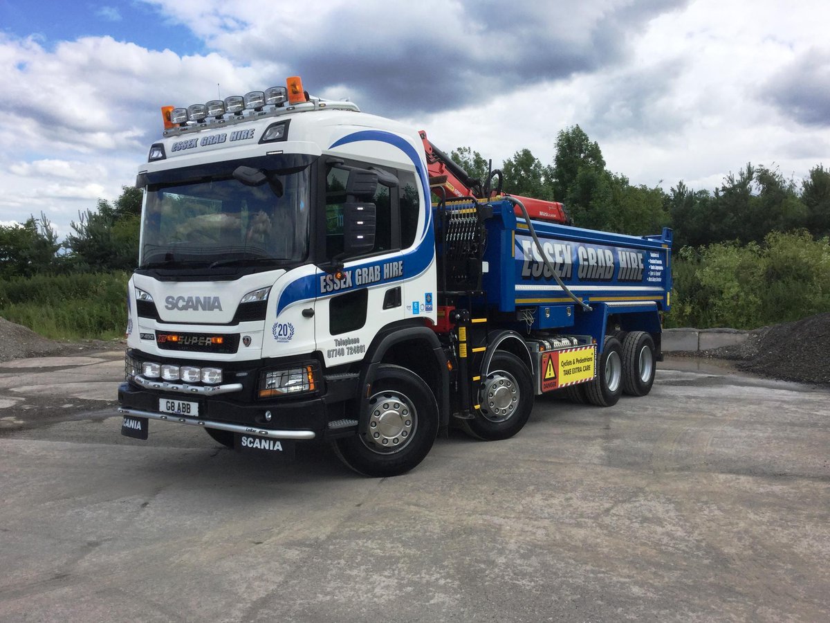 ScaniaUK's tweet photo. Congratulations to Essex Grab Hire who are celebrating 20 yrs in business. The FORS Gold family run operator are celebrating in style with this new P 450 XT. The lucky guy who gets to drive this beauty is Harry Cook, son of the owner, Dave Cook. We wish them a successful future. https://t.co/D0vwfsXqcN