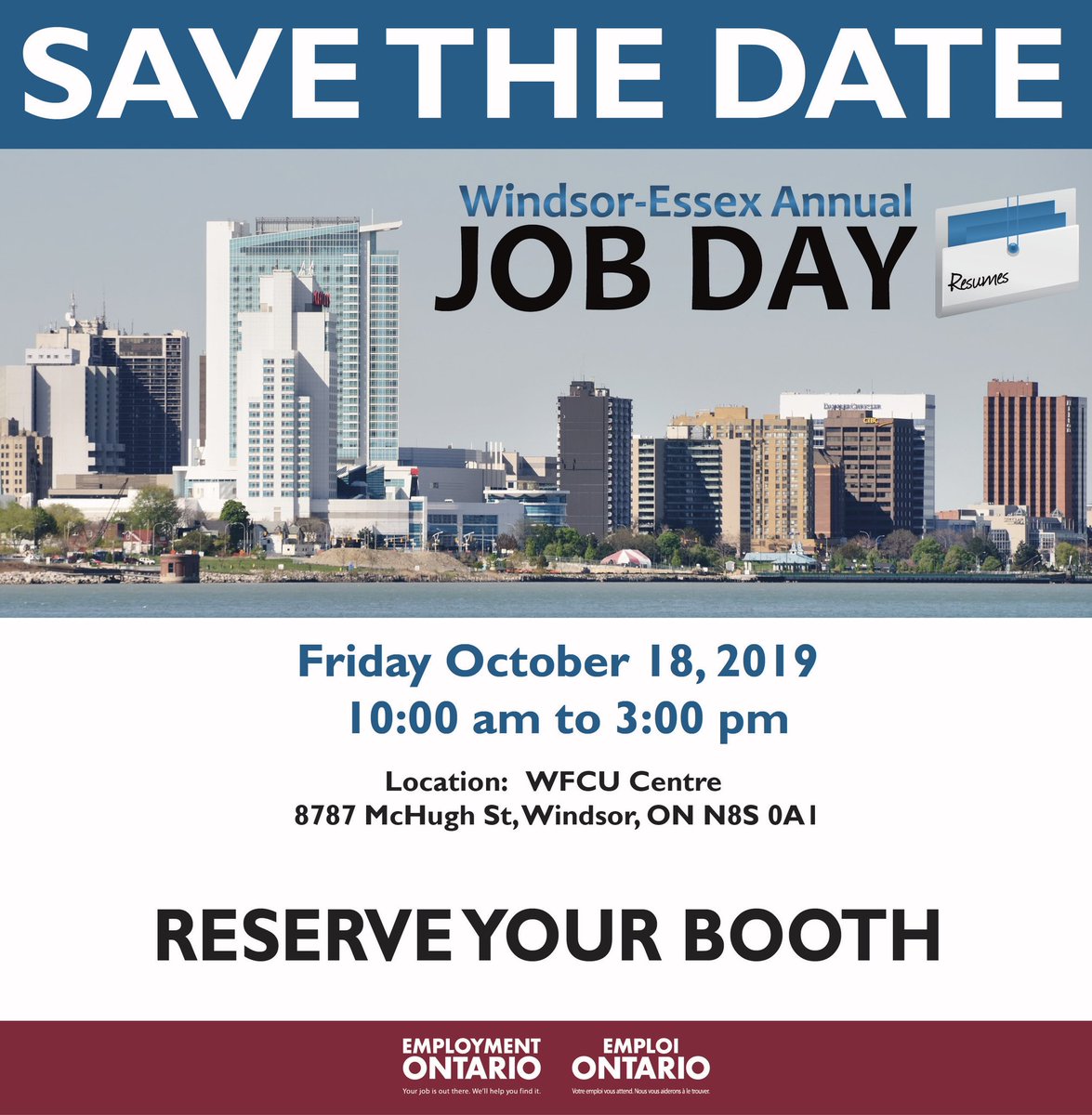 Windsor-Essex JOB DAY is happening again this year Friday October 18, 2019-Booth registration is live this Monday <a href="/UHC_/">UHC - Hub of Opportunities</a> <a href="/WorkforceWE/">Workforce WindsorEssex</a> <a href="/WindsorEssexLIP/">WE LIP</a> <a href="/CityWindsorON/">City of Windsor</a> @am800cklw <a href="/SouthEssexCC/">South Essex Community Council (SECC)</a> @jobresultsnow <a href="/WESTofWindsor/">WEST Inc. of Windsor</a> <a href="/windsoriteDOTca/">windsoriteDOTca News</a> <a href="/NewBe_Windsor/">New Beginnings Windsor</a> <a href="/StClairCollege/">St. Clair College</a> <a href="/wwwwiw_org/">The Windsor Women Working With Immigrant Women</a>