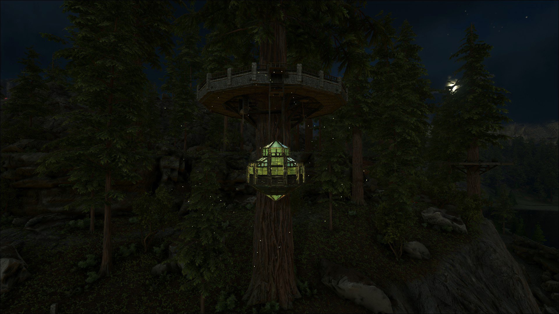 Mizuno ツリープラットフォーム からぶら下がるグリーンハウス建築しました 中にバルブドッグを置いていて あふれる光の粒が良い雰囲気 しかしプラットフォームが上にかぶっているせいで畑にちゃんとグリーンハウス効果のある面積は1割くらい 完成まで