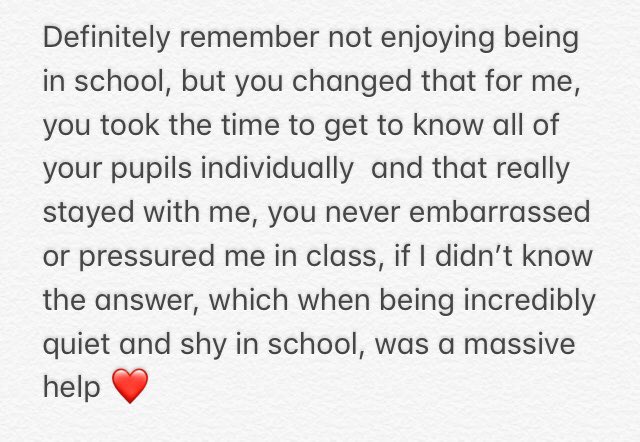 GeorgieTeight's tweet photo. And another one this afternoon! These are really warming my heart π In case youβve missed the original tweet, itβs below with comments from pupils I taught in my #NQT year and a few yrs later. Such a joy to hear from them! #talkupteaching #TeacherEffect #edutwitter #BeTheChange https://t.co/ldyjBhkK2P