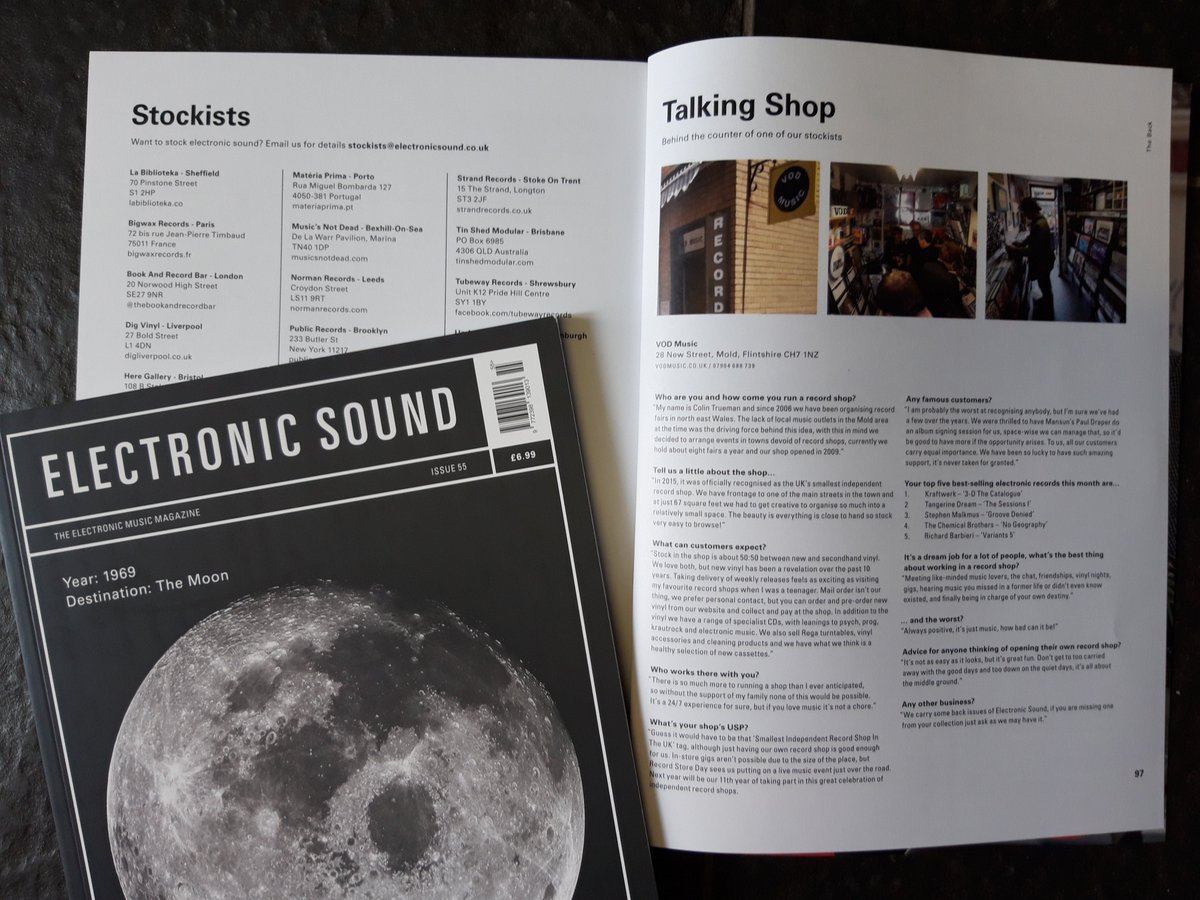 VODMusic1's tweet photo. Over the Moon to see our shop in latest issue of ELECTRONIC SOUND magazine...@ElectronicMagUK @RSDUK #electronicmusic #moonlanding #independentrecordshop #mold #flintshire #northwales #independentrecordstore #issue55 https://t.co/TPx4OZOMRF