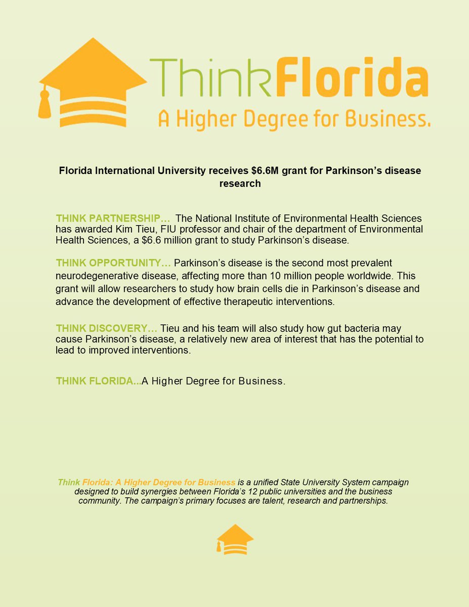 SUS_Florida's tweet image. #ThinkFlorida @FIU receives $6.6M grant for Parkinson's disease research