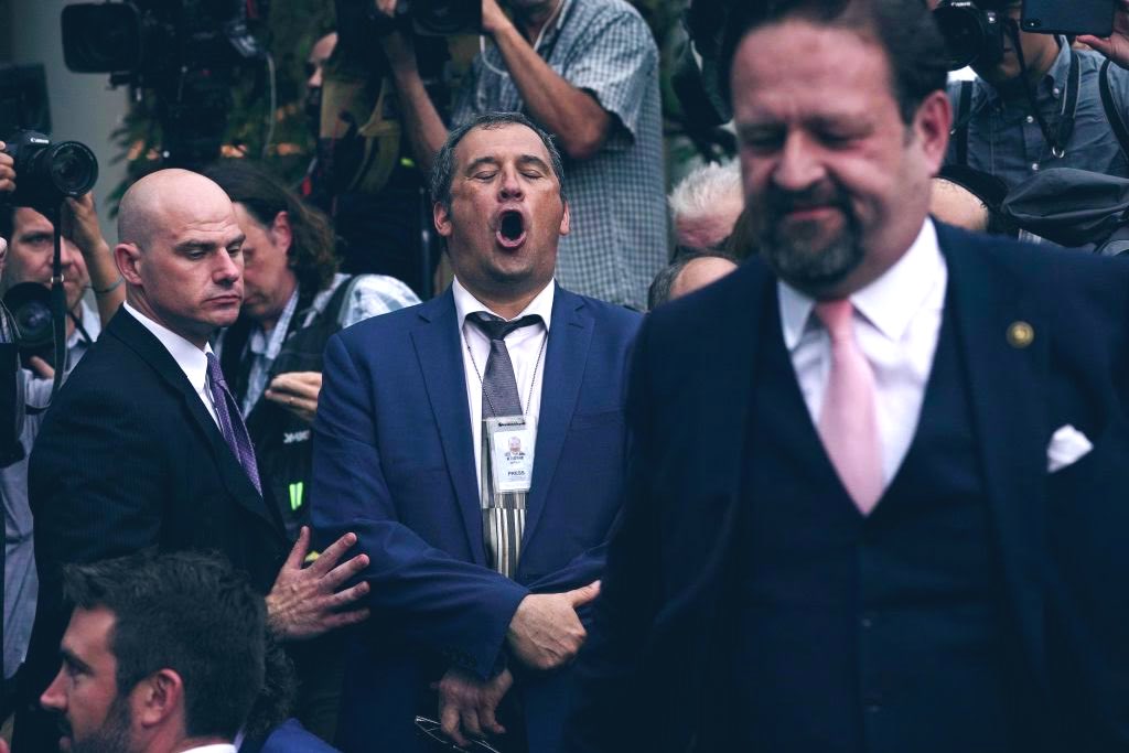 SebGorka's tweet photo. This is @BrianKarem. 

He verbally abused @SarahHuckabee for 2 years.

Yesterday he insulted @realDonaldTrump’s guests in the Rose Garden. 

When I said he’s not a journalist he invited me outside to fight. 

Why are @Playboy and @CNN OK with the behavior of their employee? https://t.co/7dBJP4lBYS