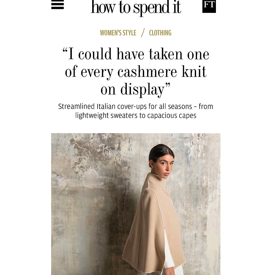 lunariacashmere's tweet photo. Many thanks to Christina Ohly Evans US correspondent of the prestigious Financial Times for the beautiful article on our company released the July 11th on “How to spend it” the worldly pleasures website from the FT. 

Check it out https://t.co/NPd7wHTb4M https://t.co/pxvU7q5LPd
