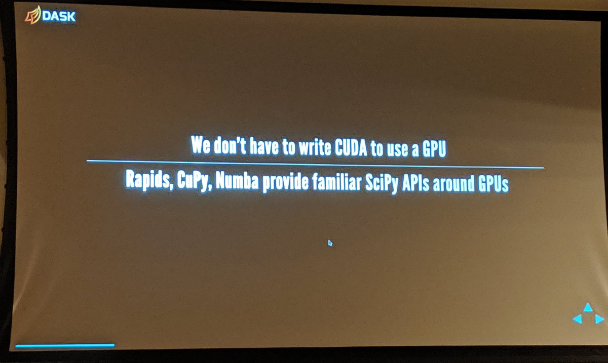 Rachel Thomas (@math_rachel) on Twitter photo You don't have to know CUDA to use a GPU. Rapids, CuPy, & Numba provide familiar SciPy APIs around GPUs.
CuPy's interface is highly compatible with NumPy; in most cases it can be used as a drop-in replacement
<a href="/mrocklin/">Matthew Rocklin</a> #SciPy2019
cupy.chainer.org You don't have to know CUDA to use a GPU. Rapids, CuPy, & Numba provide familiar SciPy APIs around GPUs.
CuPy's interface is highly compatible with NumPy; in most cases it can be used as a drop-in replacement
<a href="/mrocklin/">Matthew Rocklin</a> #SciPy2019
cupy.chainer.org
