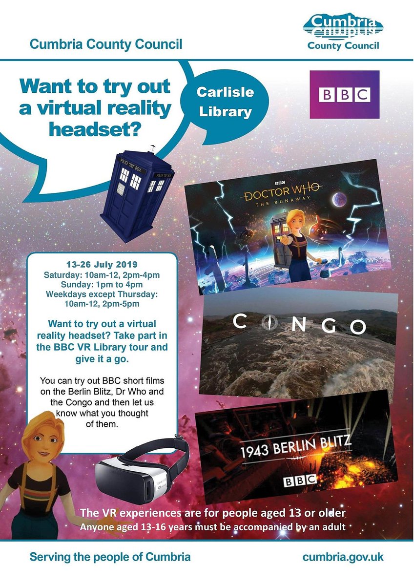 Cumblibraries's tweet photo. Fly along the Congo,  take a trip in the Tardis with Doctor Who,  or fly a WW2 bomber to Berlin......all without leaving #CarlisleLibrary!
Pop in and try out our Virtual Reality headset for an amazing immersive experience!
#VirtualReality
#bbcvrhub https://t.co/a5mGR0OAyk