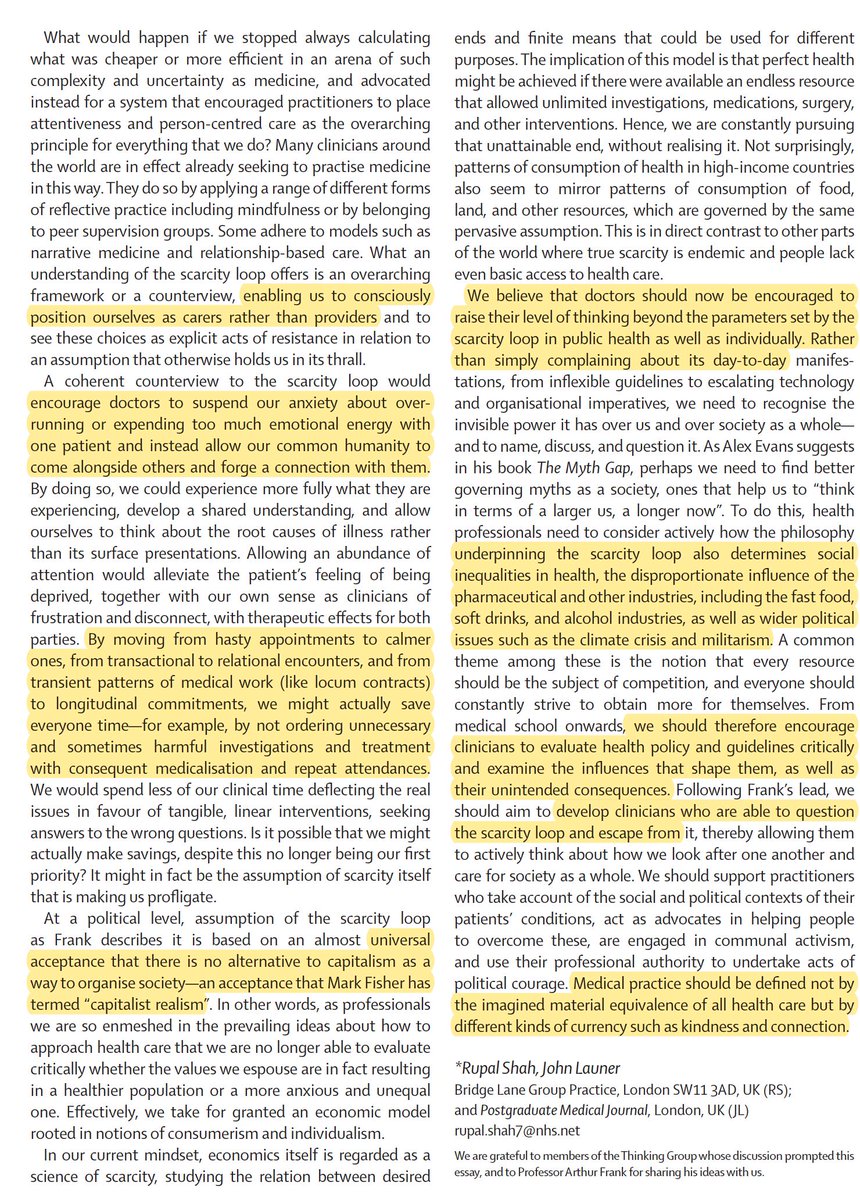 EricTopol's tweet photo. "Physicians instinctively focus on the list of physical complaints rather than considering why someone might describe themselves as feeling “under attack” and what this means."
The scarcity loop @TheLancet
we need to be carers, not providers
https://t.co/u7t3rzDb30 by @JohnLauner https://t.co/bbr7Frz2Bq