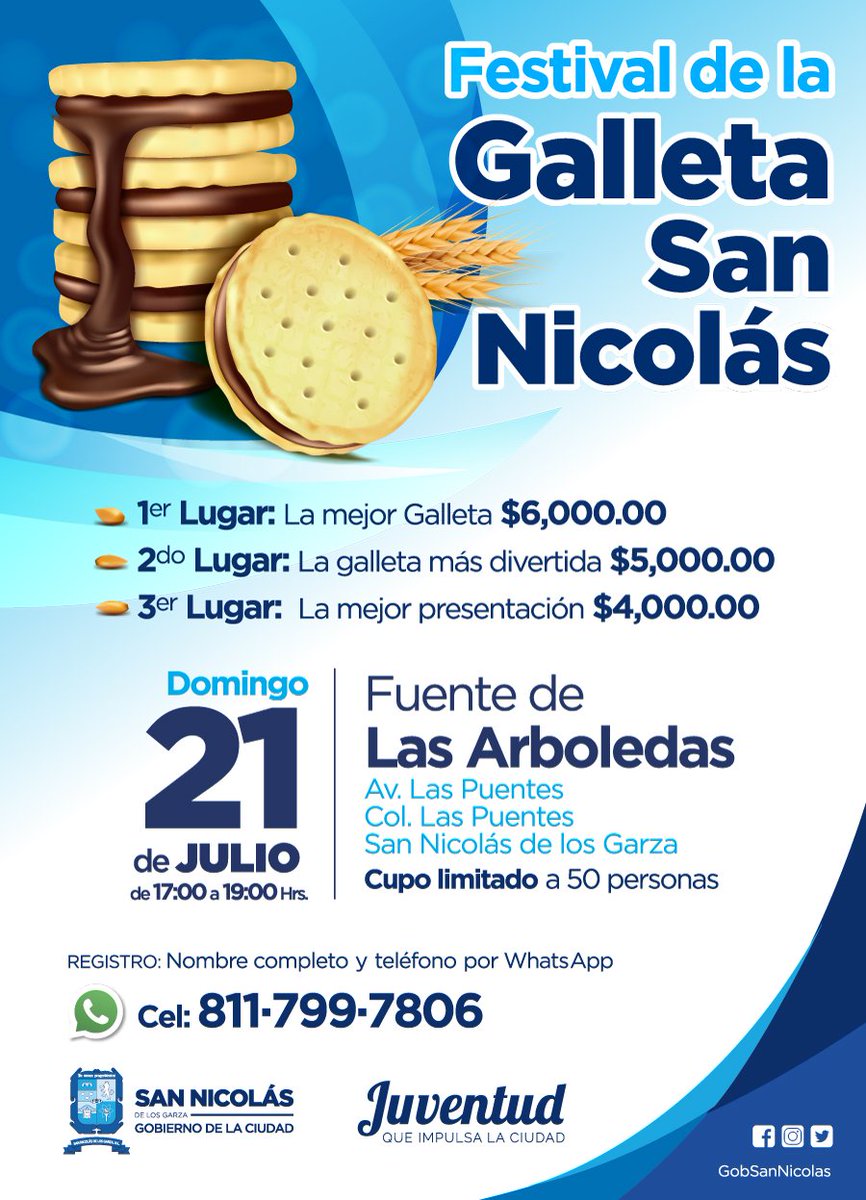 #AgendaSN 🗓 | ¡Endulza tu vida en el primer Festival de la Galleta 🍪 San Nicolás 2019! 
Inscríbete por Whatsapp al 8117997806 y participa para ganarte uno de los premios que tenemos para ti:
🥇1er Lugar $ 6,000
🥈2doLugar $ 5,000 
🥉3er Lugar $ 4,000

¡Te esperamos!