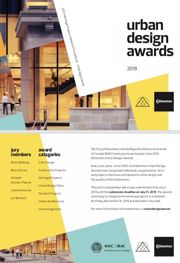 PlanEdmonton's tweet photo. We’re excited to host an international jury in October to judge submissions to the Urban Design Awards. On Oct. 4, 2019 — the public will get a chance to hear from them too! Save the date! @brent_bellamy @546arch (Johanna Hurme) @aurbanist @THEVERYMANY (Marc Fornes) + Liz Wreford https://t.co/eRXun1Im3Z