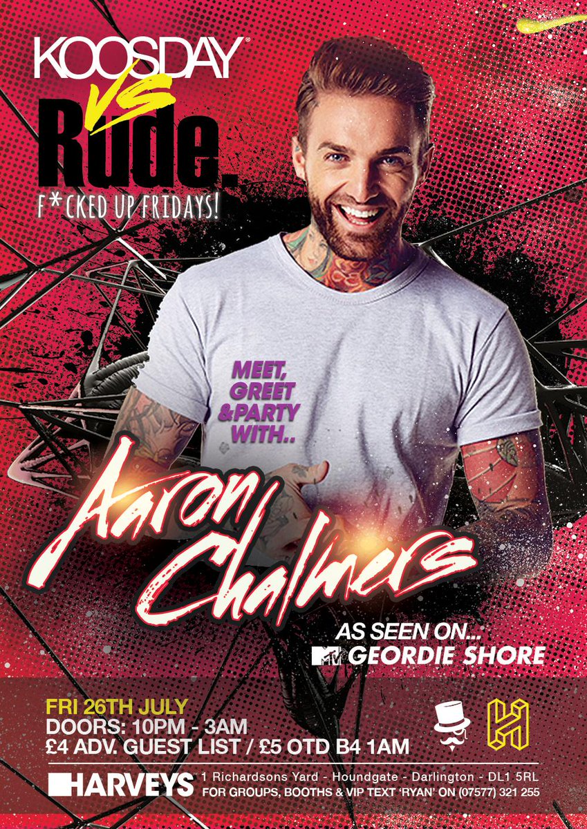 KOOSDAY VS RUDE!! 😍🤟
FT: AARON CHALMERS!! 🕺🍾
FRI 26TH JULY!! ✔️📅
HARVEYS!! 😎🎉
GLIST/INFO: bit.ly/2LRqtPK