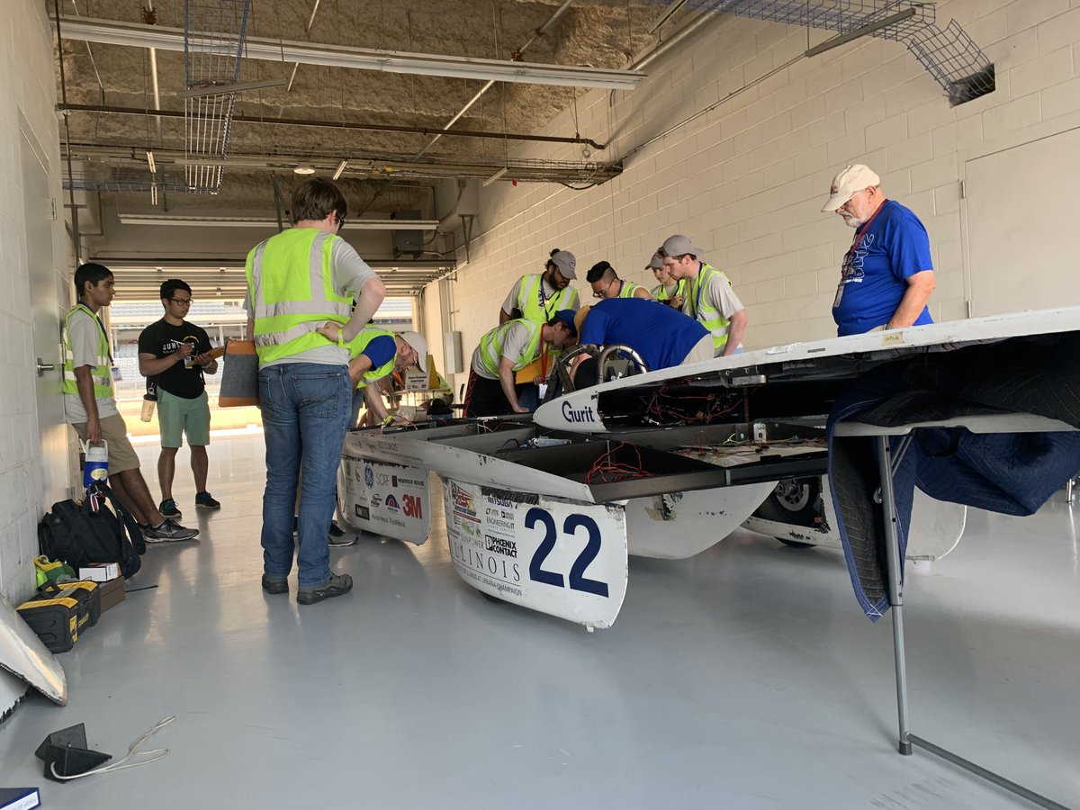 IlliniSolarCar's tweet photo. The first part of #FSGP2019 was scrutineering. Over several days Argo went through inspections and tests by the event staff. This year Argo was the 2nd car cleared to race! Thanks to the @ASC_SolarRacing staff for making sure that all of the solar cars are fit to go on the track. https://t.co/pMOCn7KUoK