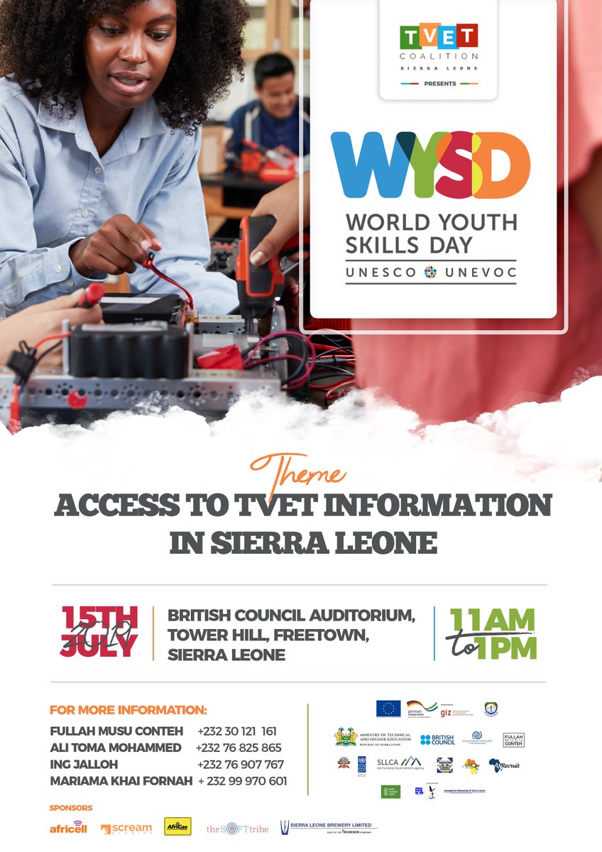 nctva's tweet photo. TVET Coalition Sierra Leone invites you all to World Youth Skills Day event on 15th July 2019 @ British Council Auditorium, Tower Hill, Freetown @ 11am.   #SLWYSD2019 https://t.co/VypTLwZwBT