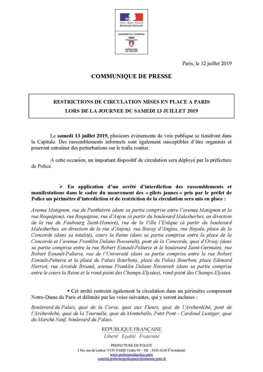 prefpolice's tweet photo. #Circulation | Demain samedi 13 juillet, à l'occasion d’événements de voie publique, des restrictions de circulation seront mises en place dans la Capitale.
Consultez notre communiqué de presse pour davantage de précisions. https://t.co/6s71ktKVaF